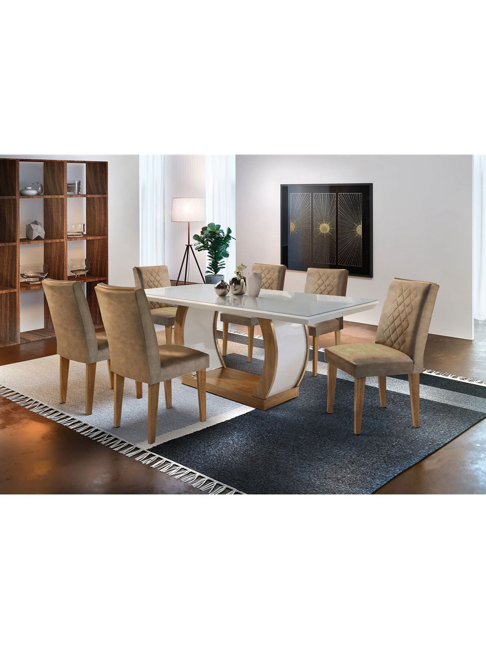 Sala de Jantar Milena MDF com Vidro Canto Reto 6 Cadeiras Rufato - Imbuia/Off W/Serig. Off White/Anim. Choc