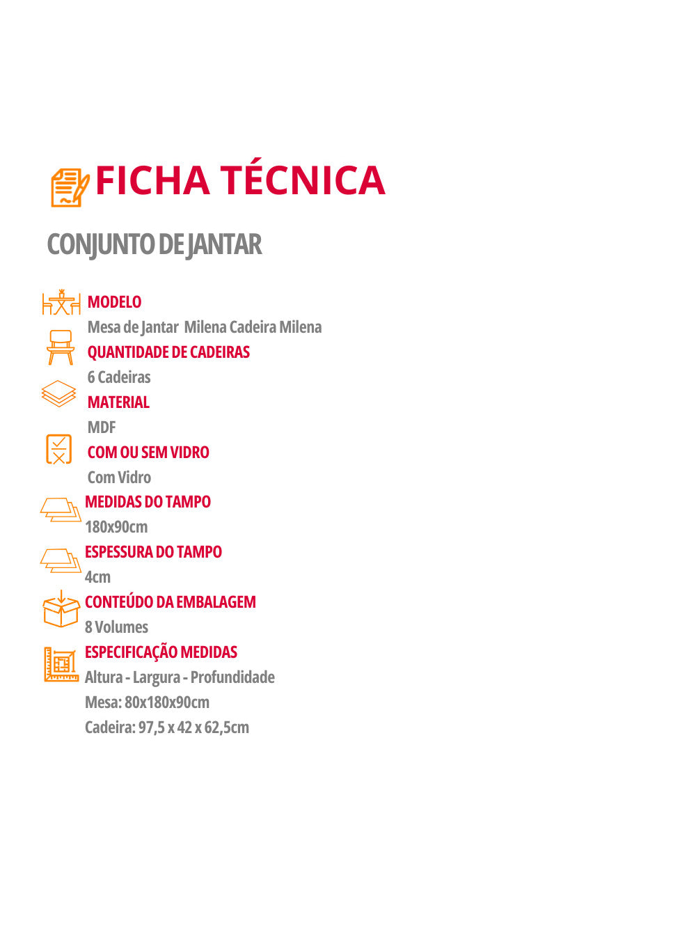 Sala de Jantar Milena MDF com Vidro Canto Reto 6 Cadeiras Rufato