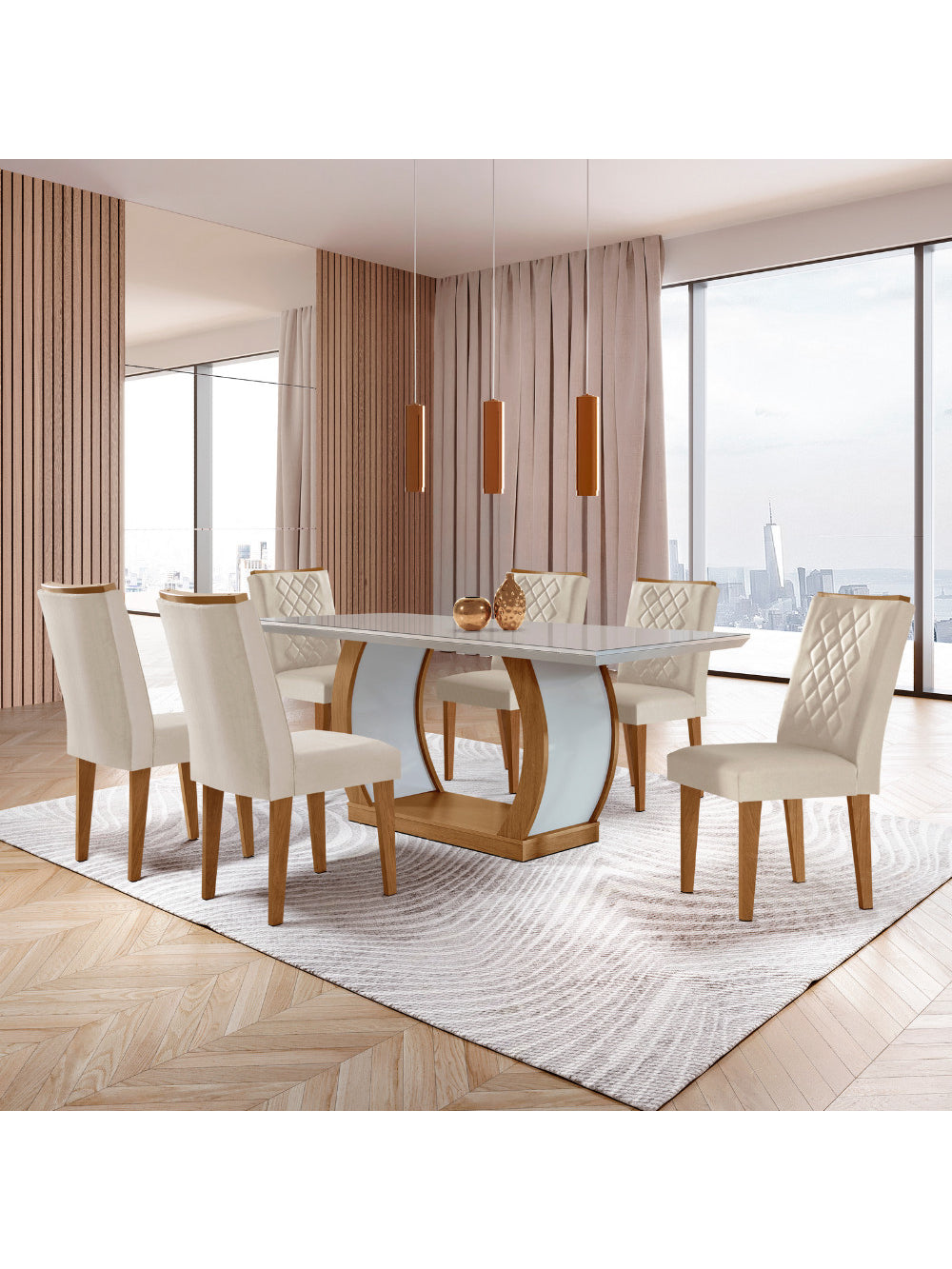 Sala de Jantar Milena MDF com Vidro Canto Reto 6 Cadeiras Rufato - Imbuia/Off W/Serig. Off White/Veludo Cre