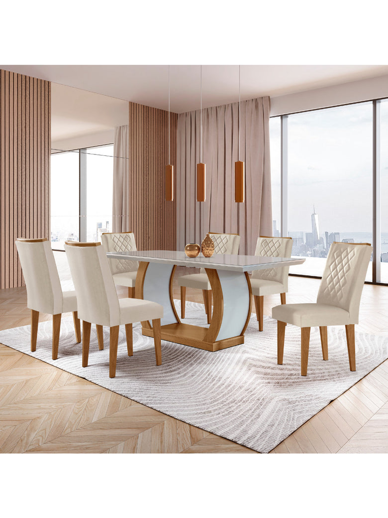 Sala de Jantar Milena MDF com Vidro Canto Reto 6 Cadeiras Rufato