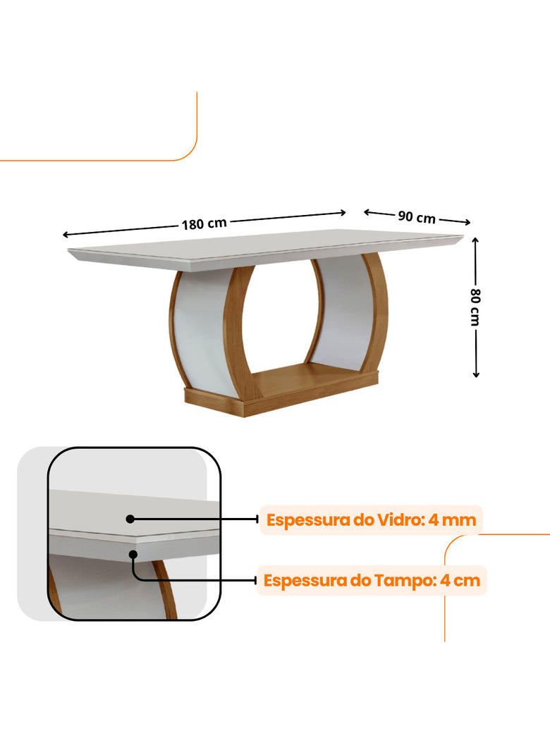 Sala de Jantar Milena MDF com Vidro Canto Reto 6 Cadeiras Rufato