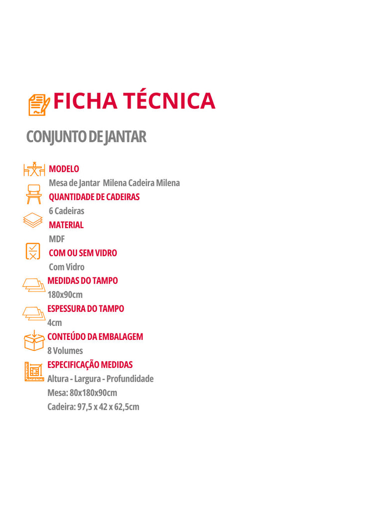 Sala de Jantar Milena MDF com Vidro Canto Reto 6 Cadeiras Rufato