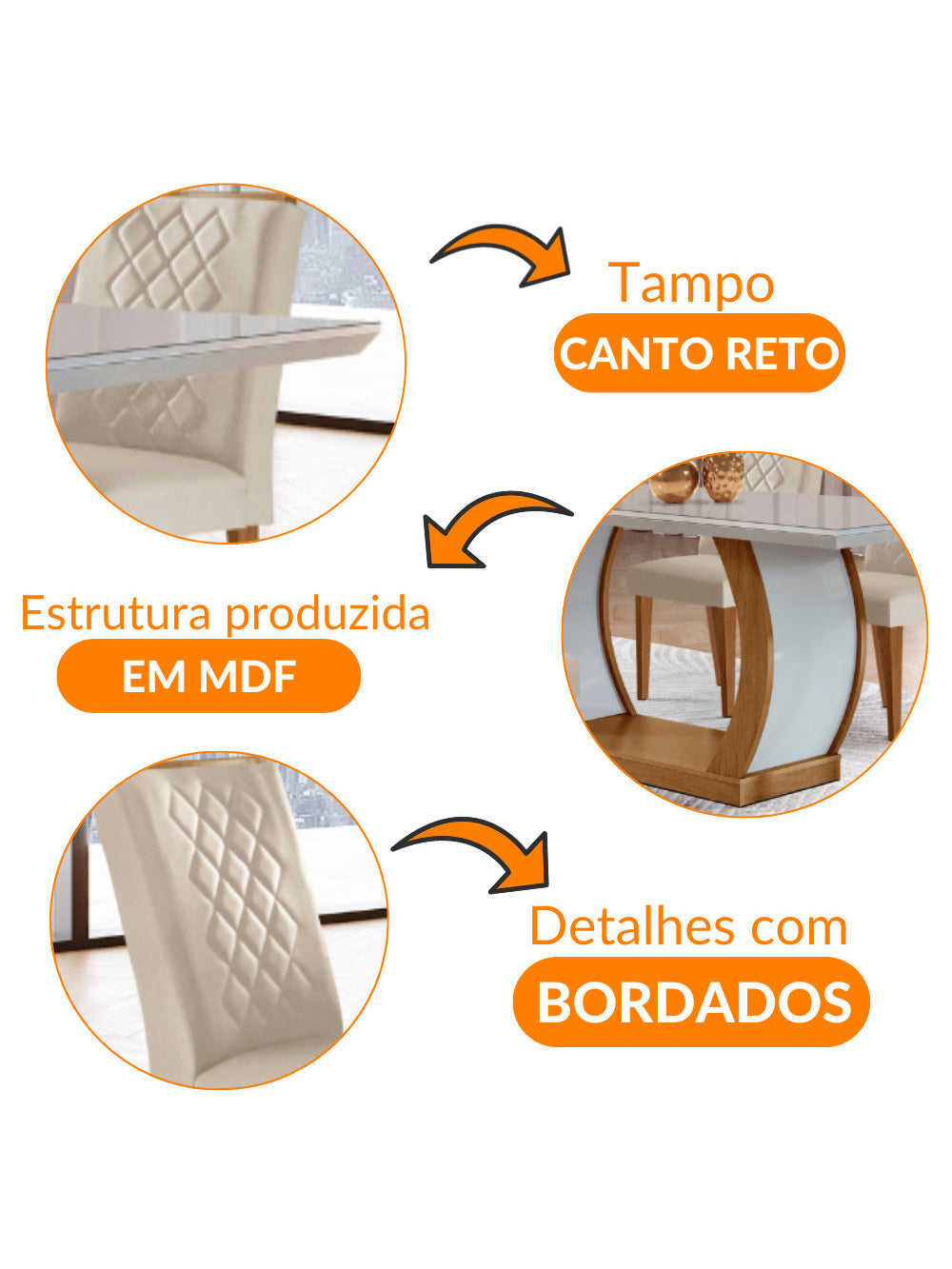 Sala de Jantar Milena MDF com Vidro Canto Reto 6 Cadeiras Rufato