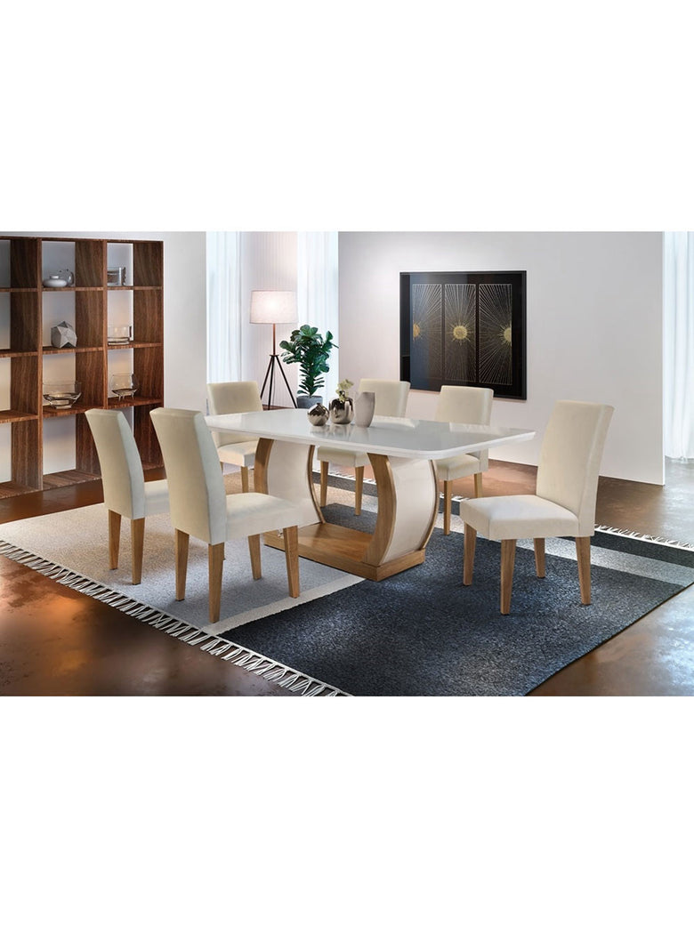 Sala de Jantar Milena Tampo MDF Vidro com 6 Cadeiras Grécia QR Rufato