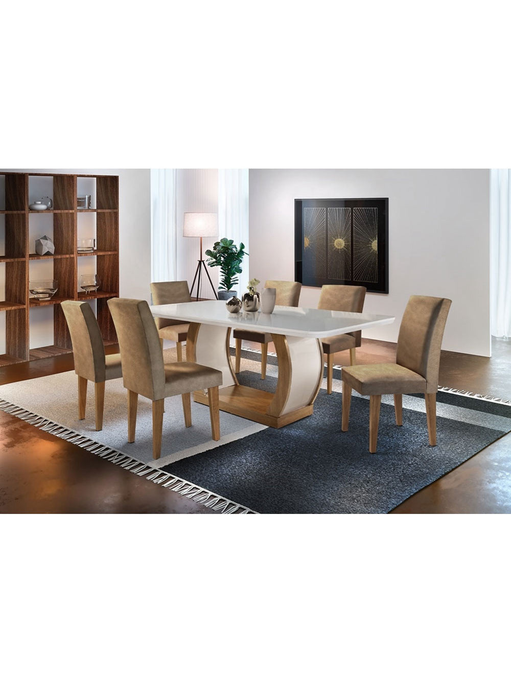 Sala de Jantar Milena Tampo MDF Vidro com 6 Cadeiras Grécia QR Rufato - Imbuia/Off W/Serig. Off White/Anim. Choc