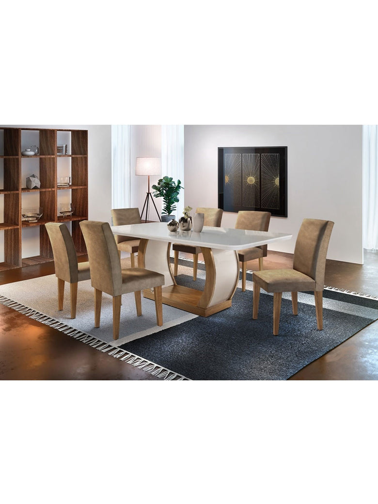Sala de Jantar Milena Tampo MDF Vidro com 6 Cadeiras Grécia QR Rufato