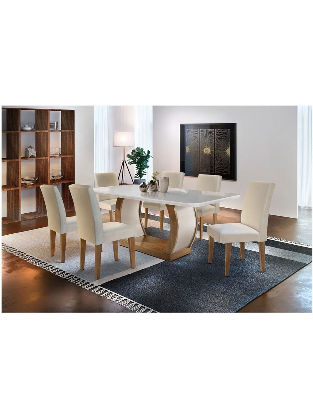 Sala de Jantar Milena Tampo MDF Vidro com 6 Cadeiras Grécia QR Rufato - Imbuia/Off W/Serig. Off White/Turim 7