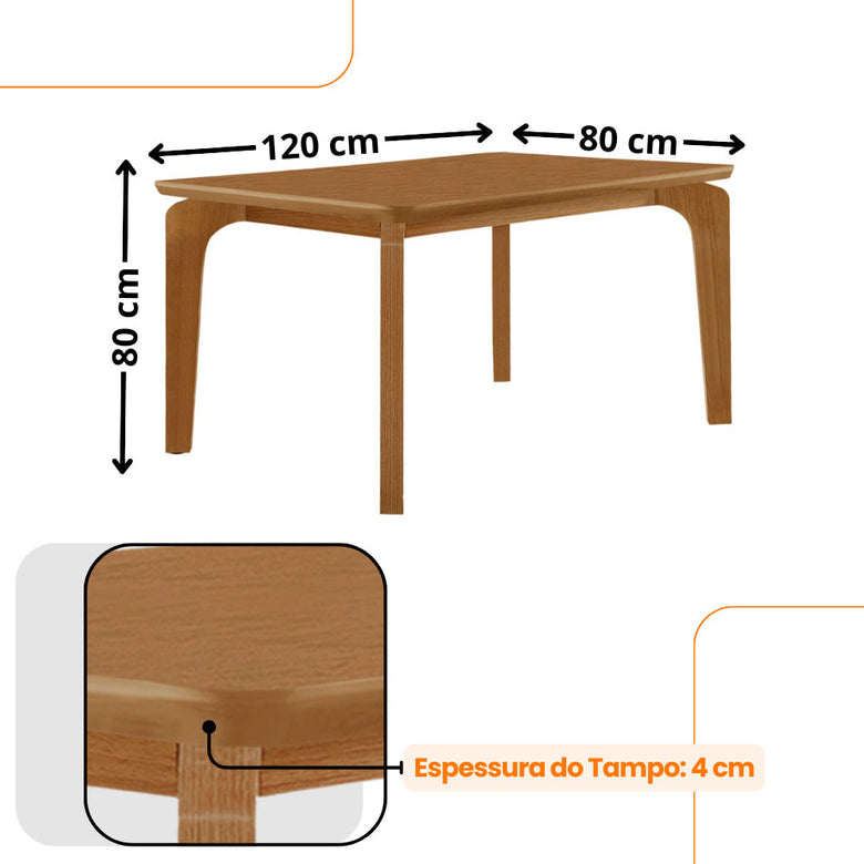 Mesa de Jantar Liz 120cm Tampo MDF Canto Copo Moderna Mobília