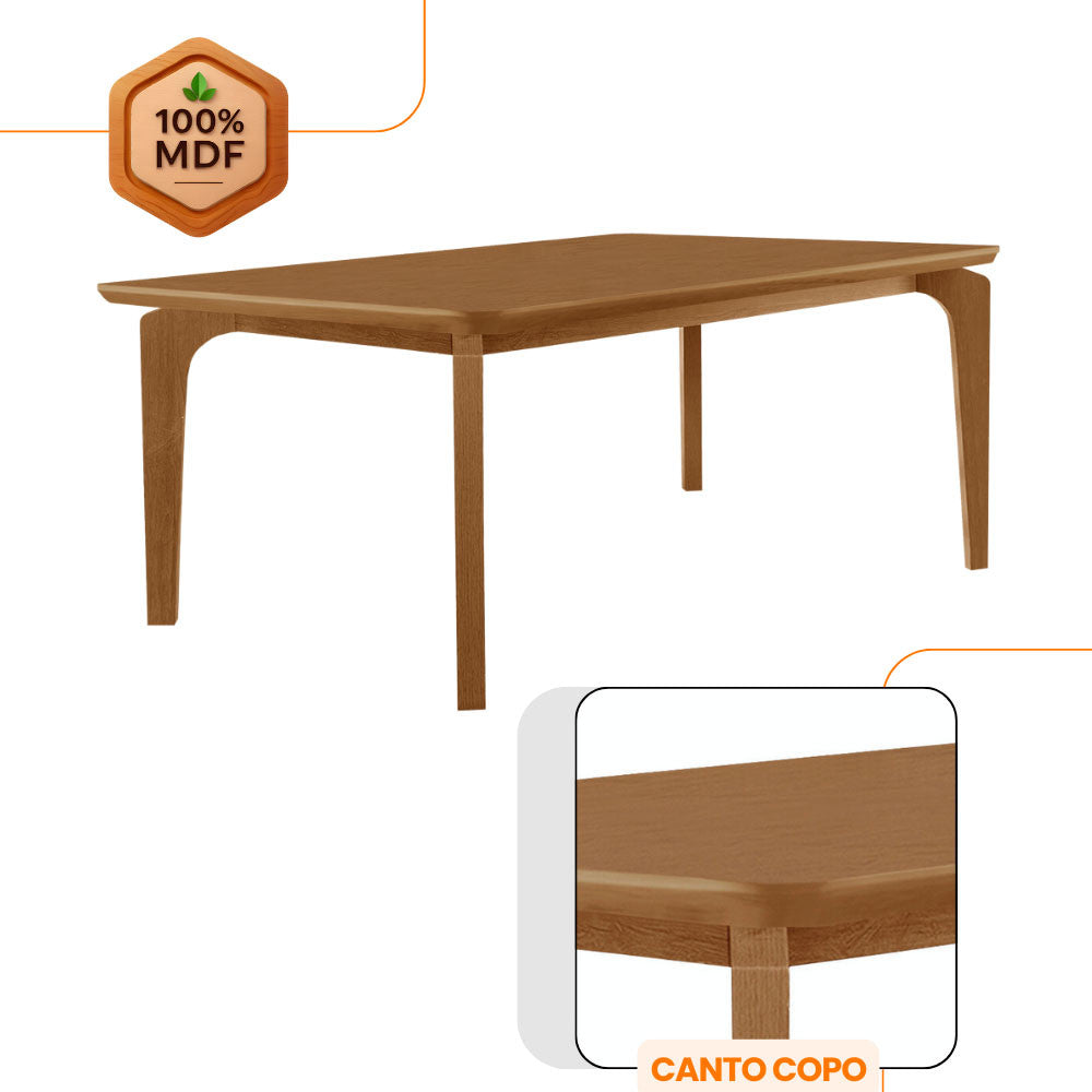Mesa de Jantar Liz 180cm Tampo MDF Canto Copo Moderna Mobília