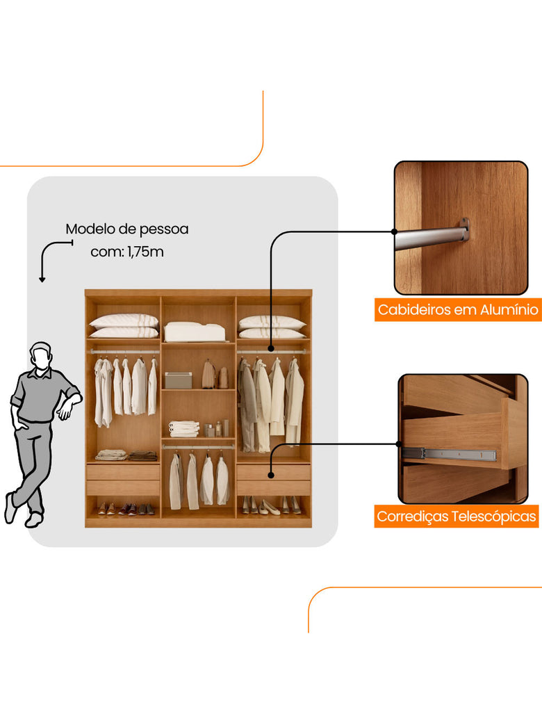 Guarda Roupa Casal Encanto 100 MDF 6 Portas e 4 Gavetas Rufato