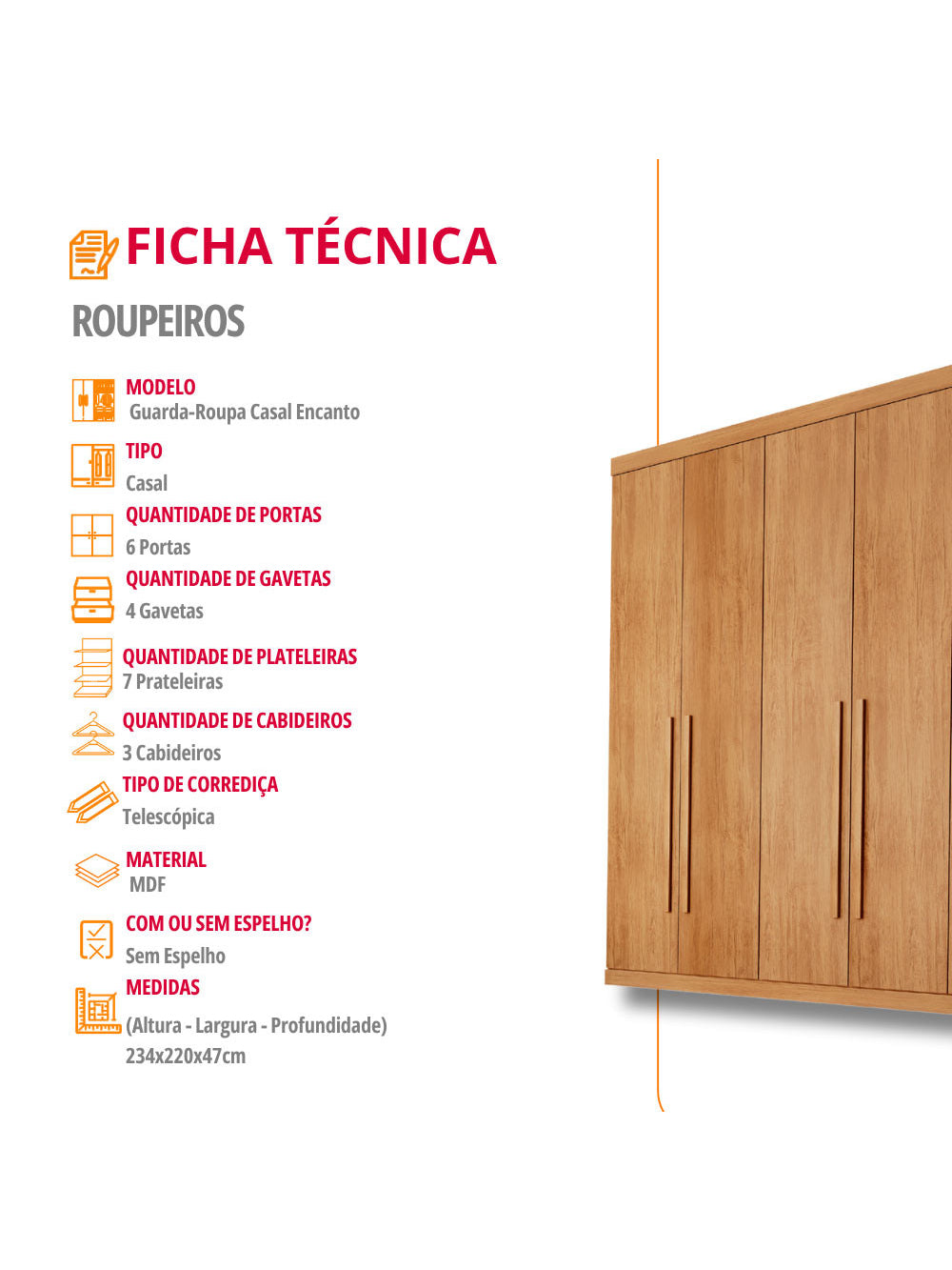 Guarda Roupa Casal Encanto 100 MDF 6 Portas e 4 Gavetas Rufato