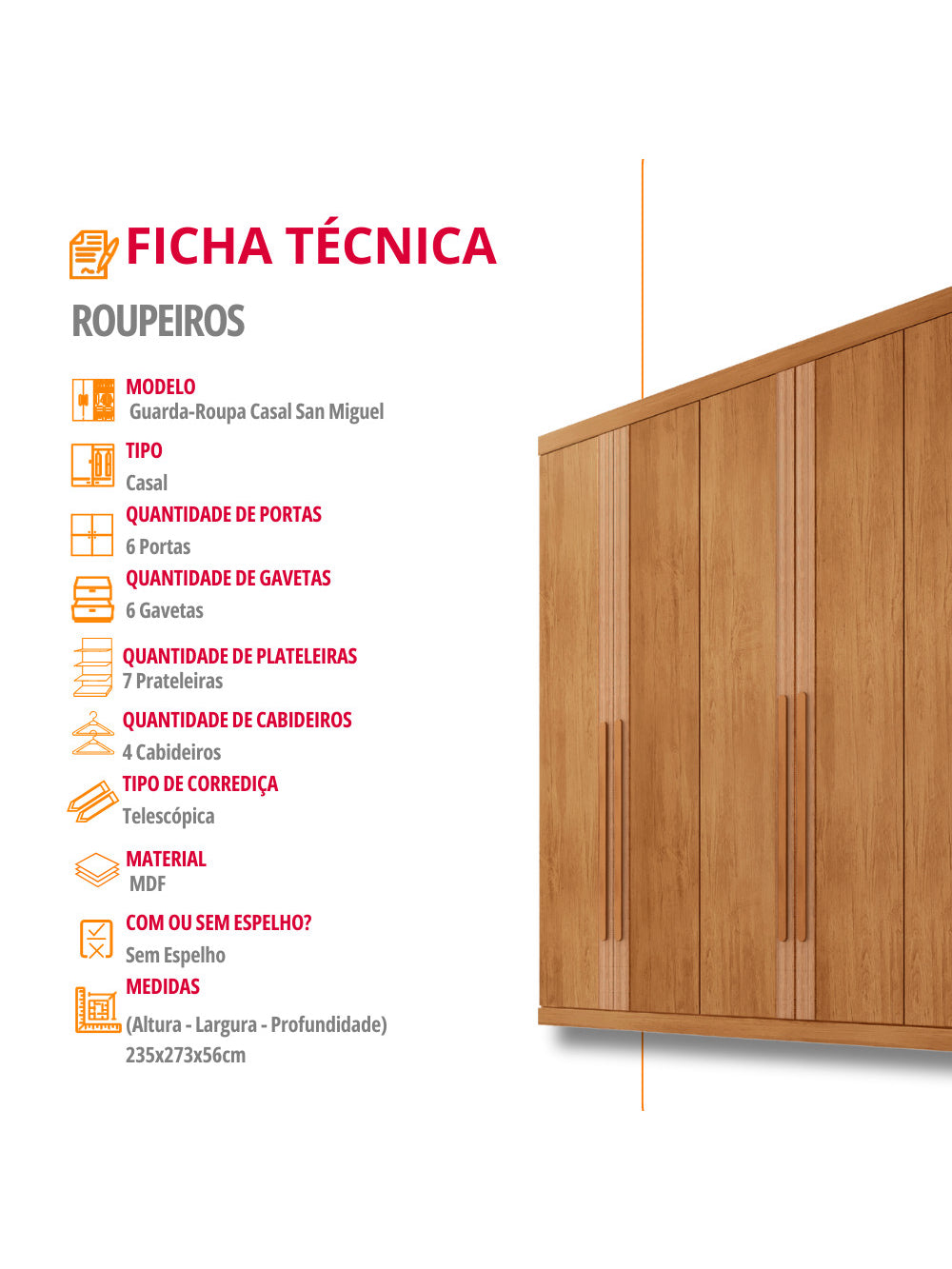 Guarda Roupa Casal San Miguel 6 Portas 6 Gavetas Rufato