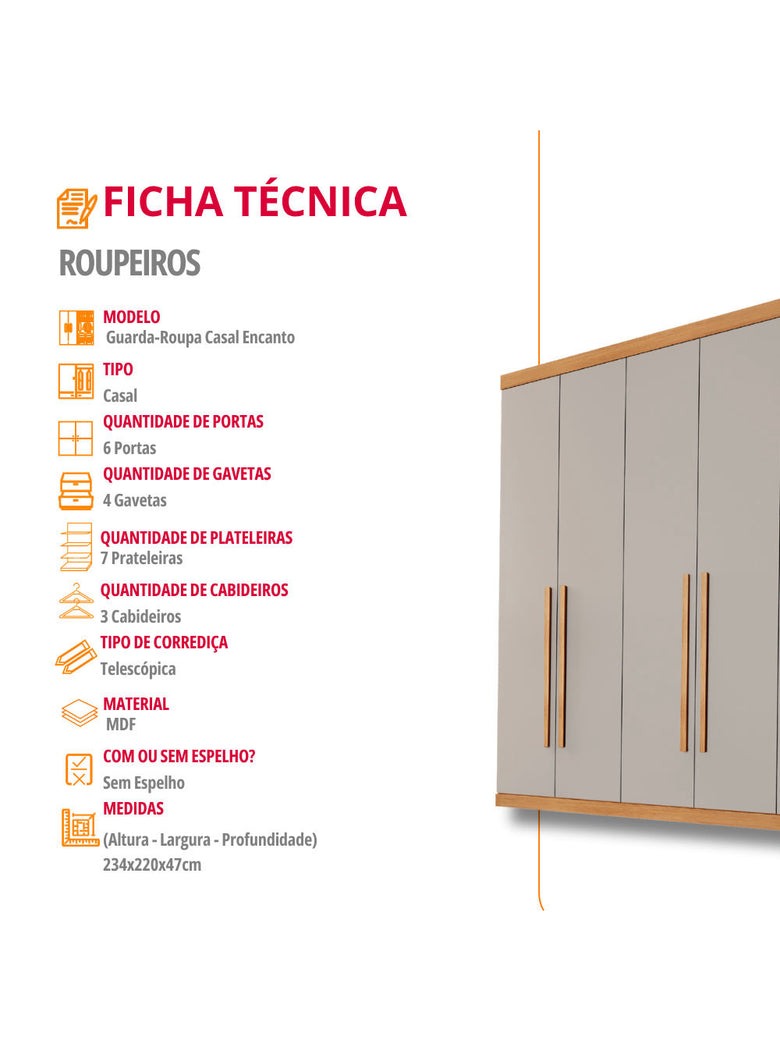 Guarda Roupa Casal Encanto 100 MDF 6 Portas e 4 Gavetas Rufato