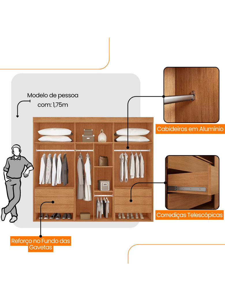 Guarda Roupa Casal Maya 100 MDF 6 Portas e 6 Gavetas - Rufato