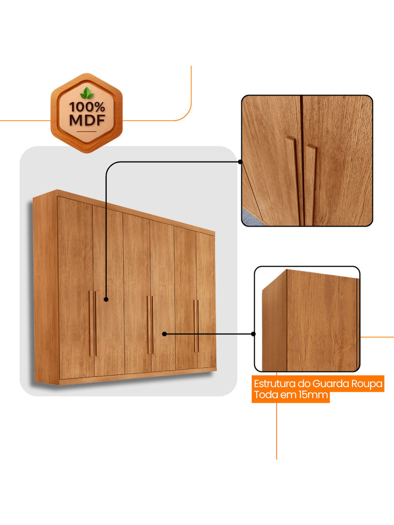 Guarda Roupa Casal Maya 100 MDF 6 Portas e 6 Gavetas - Rufato