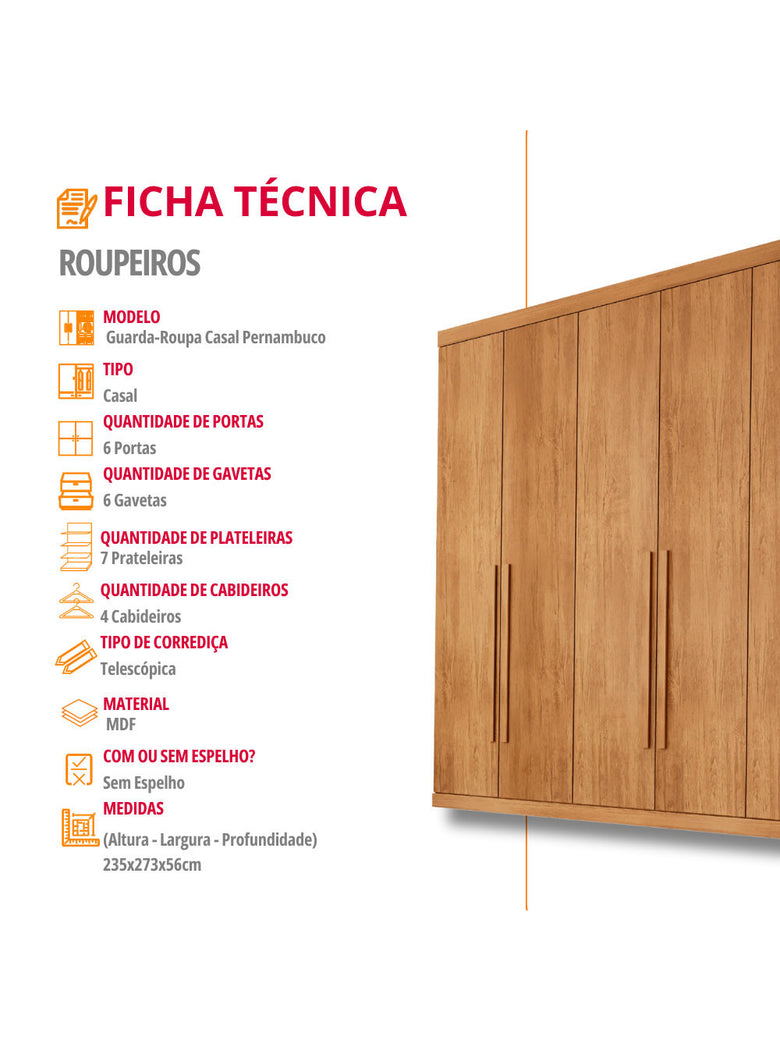 Guarda Roupa Casal Maya 100 MDF 6 Portas e 6 Gavetas - Rufato