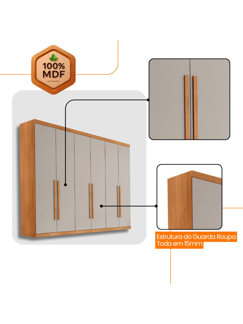 Guarda Roupa Casal Maya 100 MDF 6 Portas e 6 Gavetas - Rufato