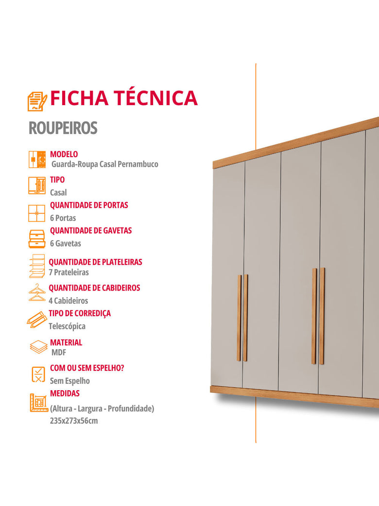 Guarda Roupa Casal Maya 100 MDF 6 Portas e 6 Gavetas - Rufato