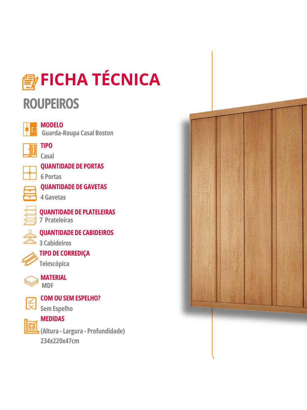 Guarda Roupa Casal Boston 6 Portas e 4 Gavetas MDF Moderna