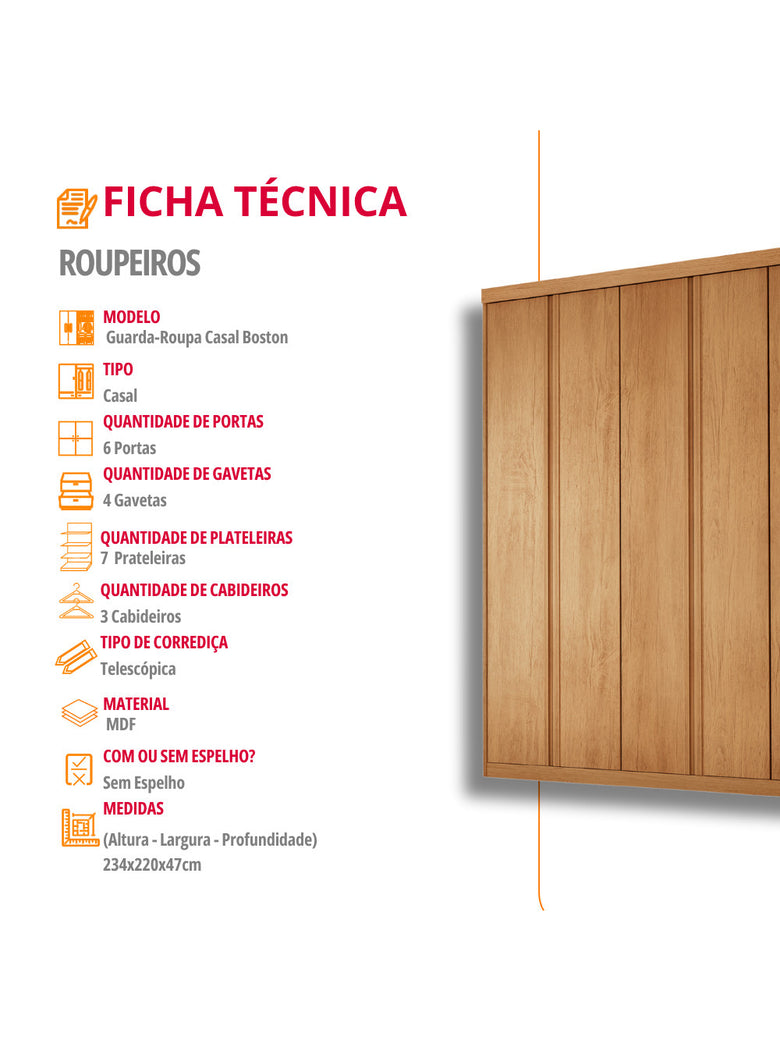 Guarda Roupa Casal Boston 6 Portas e 4 Gavetas MDF Moderna