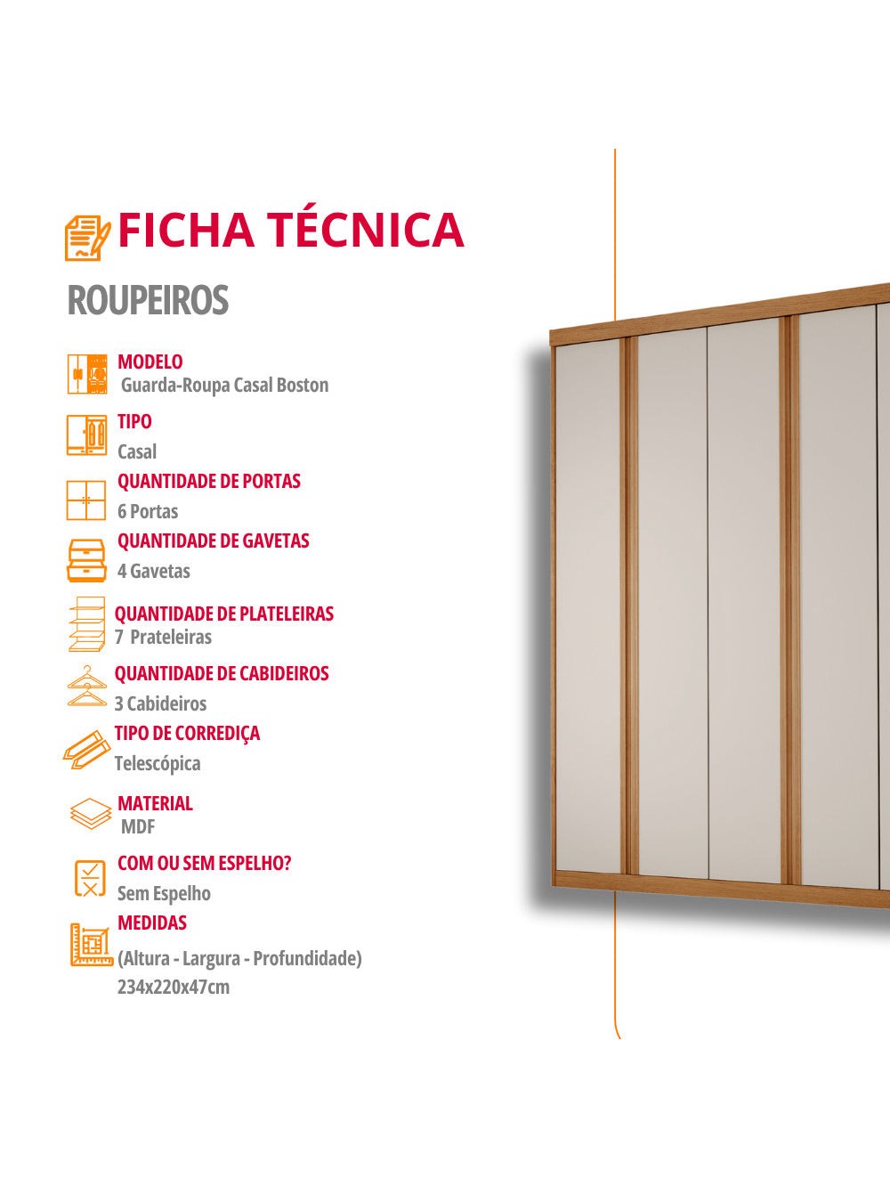 Guarda Roupa Casal Boston 6 Portas e 4 Gavetas MDF Moderna