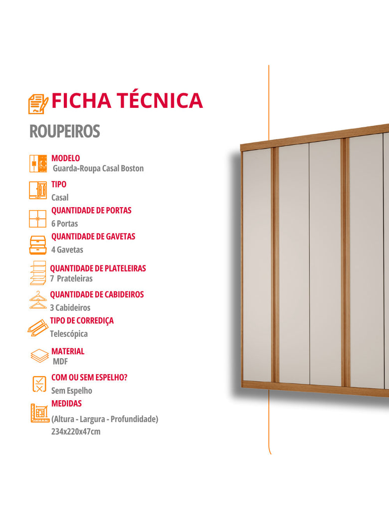 Guarda Roupa Casal Boston 6 Portas e 4 Gavetas MDF Moderna