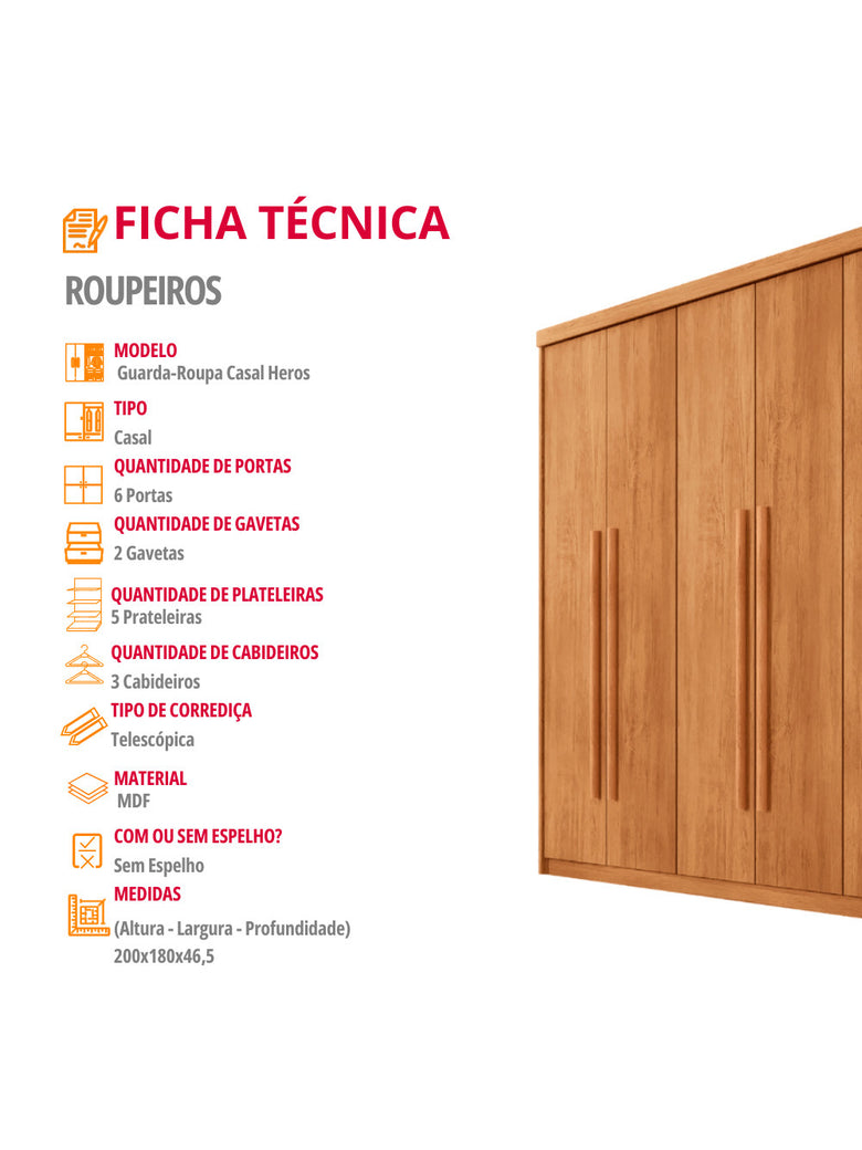 Guarda Roupa Casal Heros 6 Portas e 2 Gavetas MDF Moderna