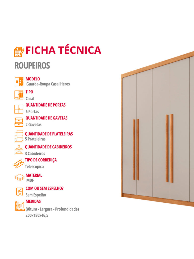 Guarda Roupa Casal Heros 6 Portas e 2 Gavetas MDF Moderna
