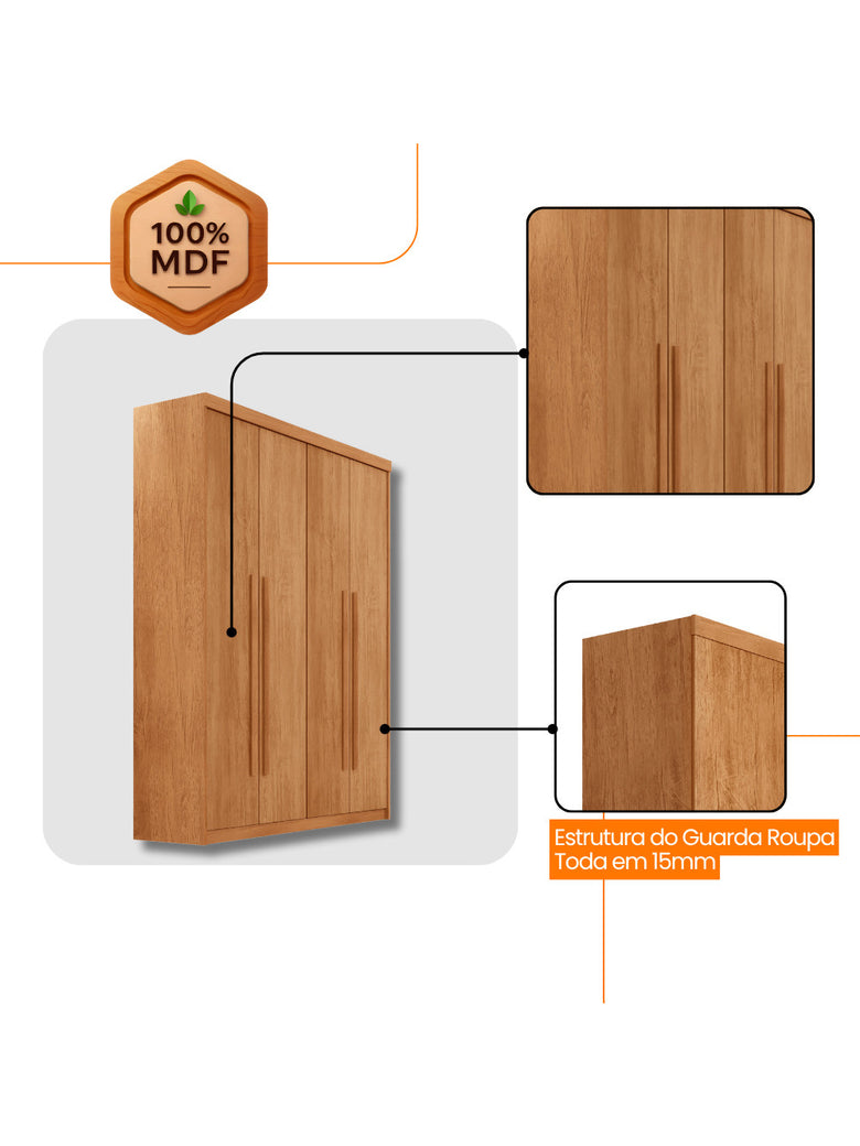 Guarda Roupa Solteiro Heros 4 Portas e 2 Gavetas MDF Moderna