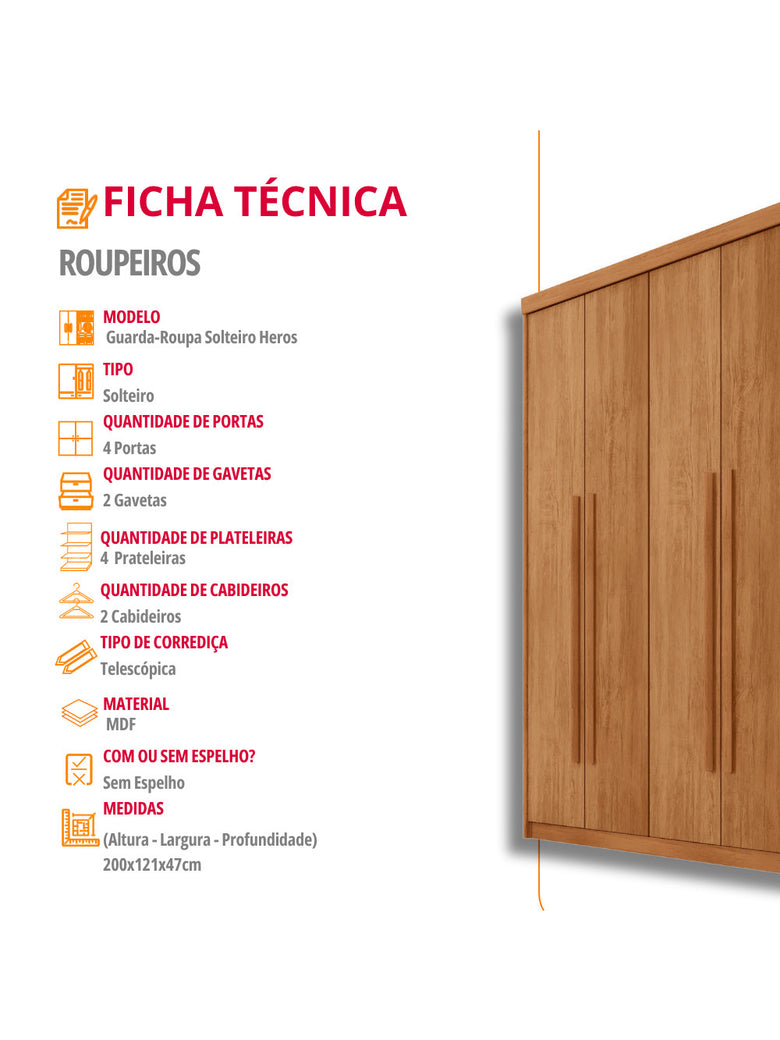 Guarda Roupa Solteiro Heros 4 Portas e 2 Gavetas MDF Moderna