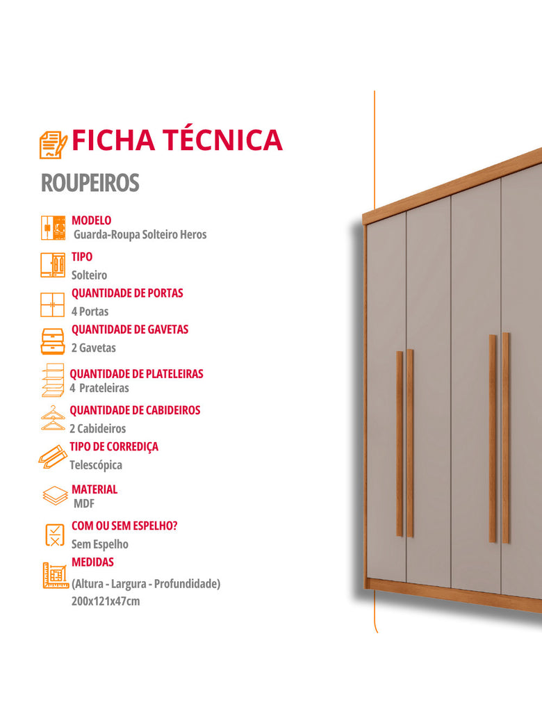 Guarda Roupa Solteiro Heros 4 Portas e 2 Gavetas MDF Moderna
