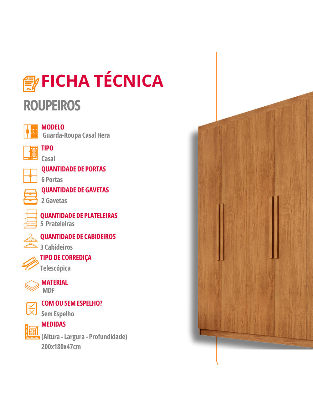 Guarda Roupa Casal Hera 6 Portas MDF Rufato