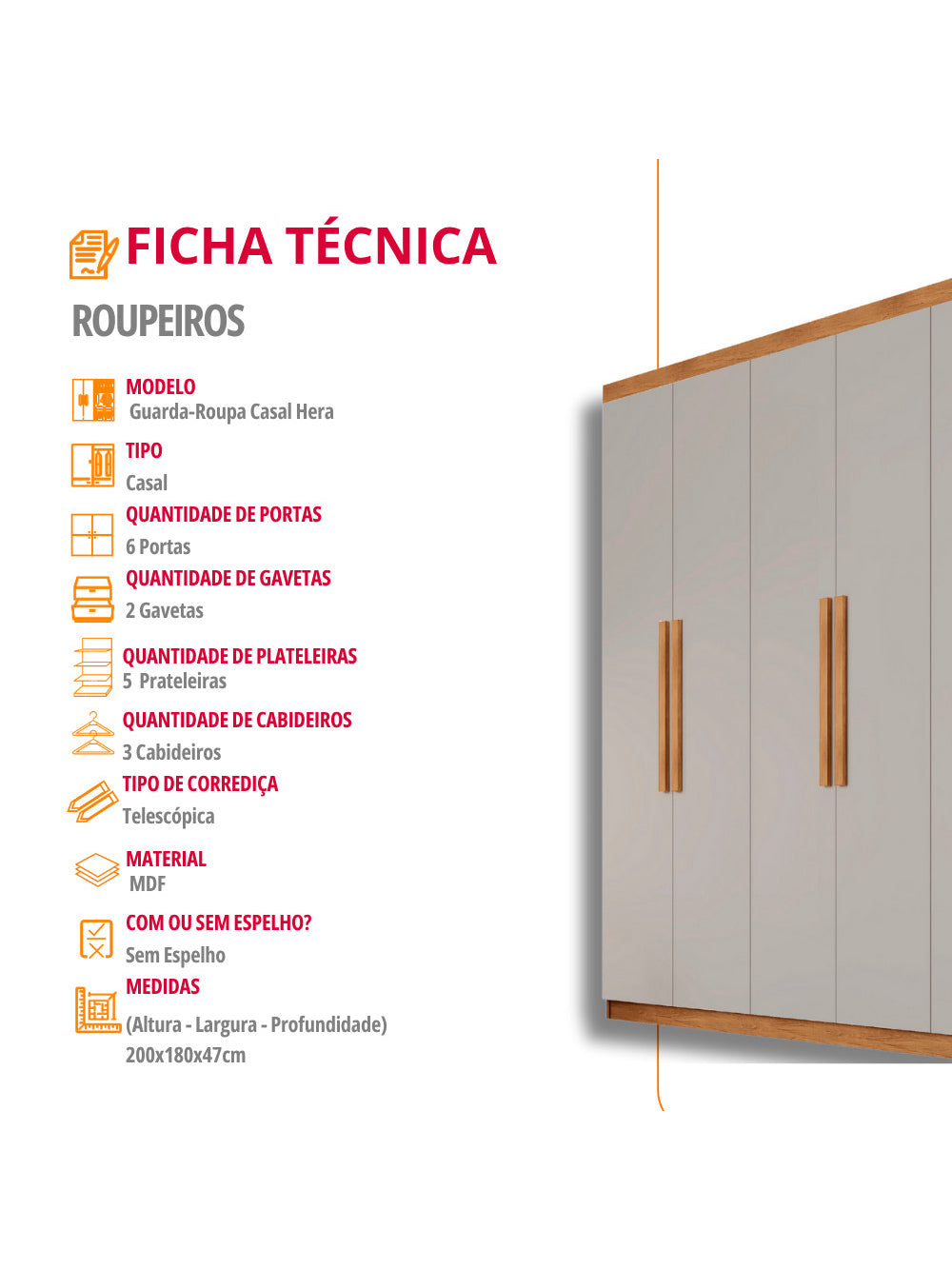Guarda Roupa Casal Hera 6 Portas MDF Rufato