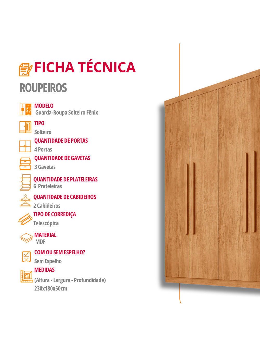 Guarda Roupa Casal Fenix 4 Portas 3 Gavetas Rufato