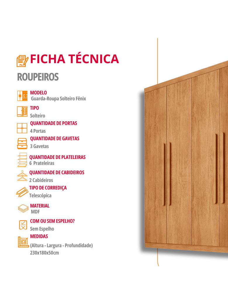 Guarda Roupa Casal Fenix 4 Portas 3 Gavetas Rufato