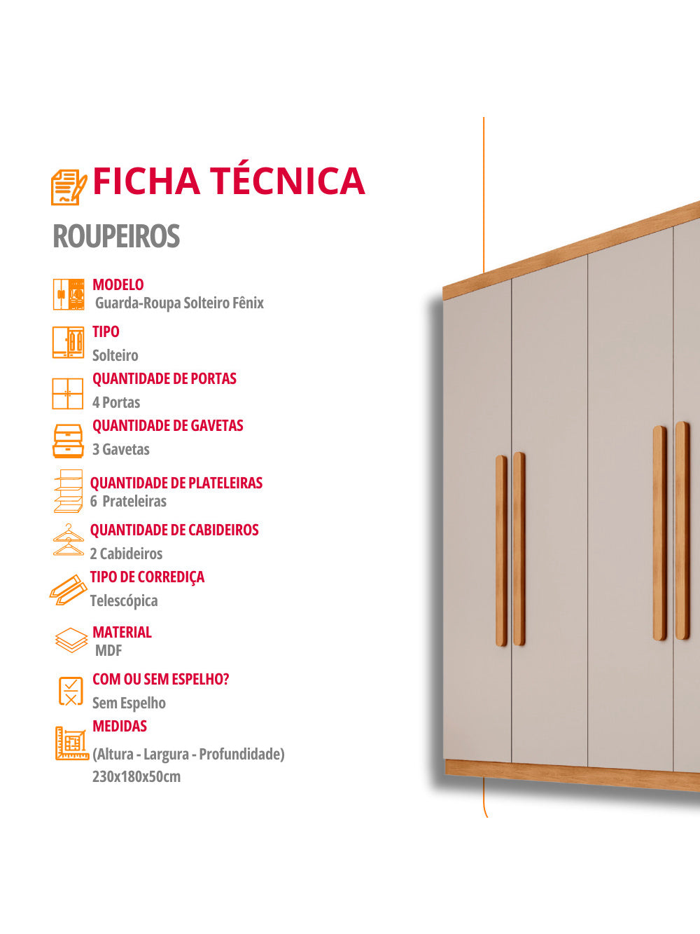 Guarda Roupa Casal Fenix 4 Portas 3 Gavetas Rufato