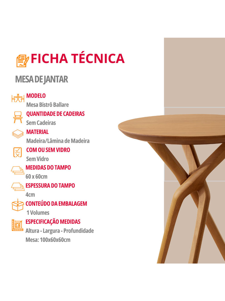 Bistro Ballare Tampo Redondo 60cm Moderna Mobília