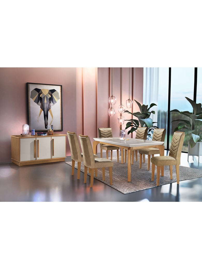 Conjunto Sala de Jantar Liz Tampo MDF Vidro com 6 cadeiras Rufato