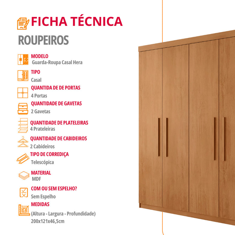 Guarda Roupa Solteiro Hera 4 Portas MDF Rufato
