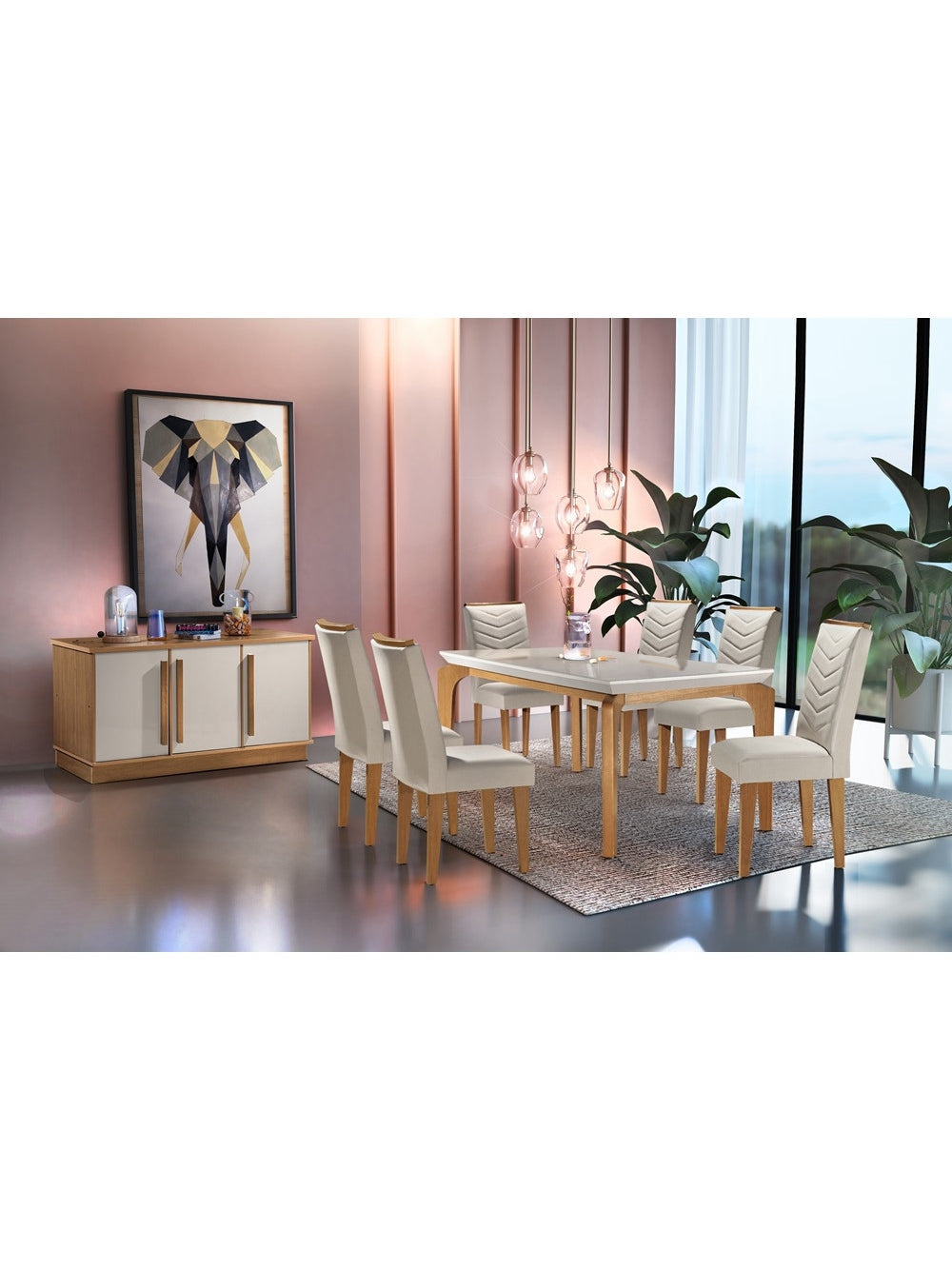Conjunto Sala de Jantar Liz Tampo MDF Vidro com 6 cadeiras Rufato - Veludo Creme/Off White/Imbuia