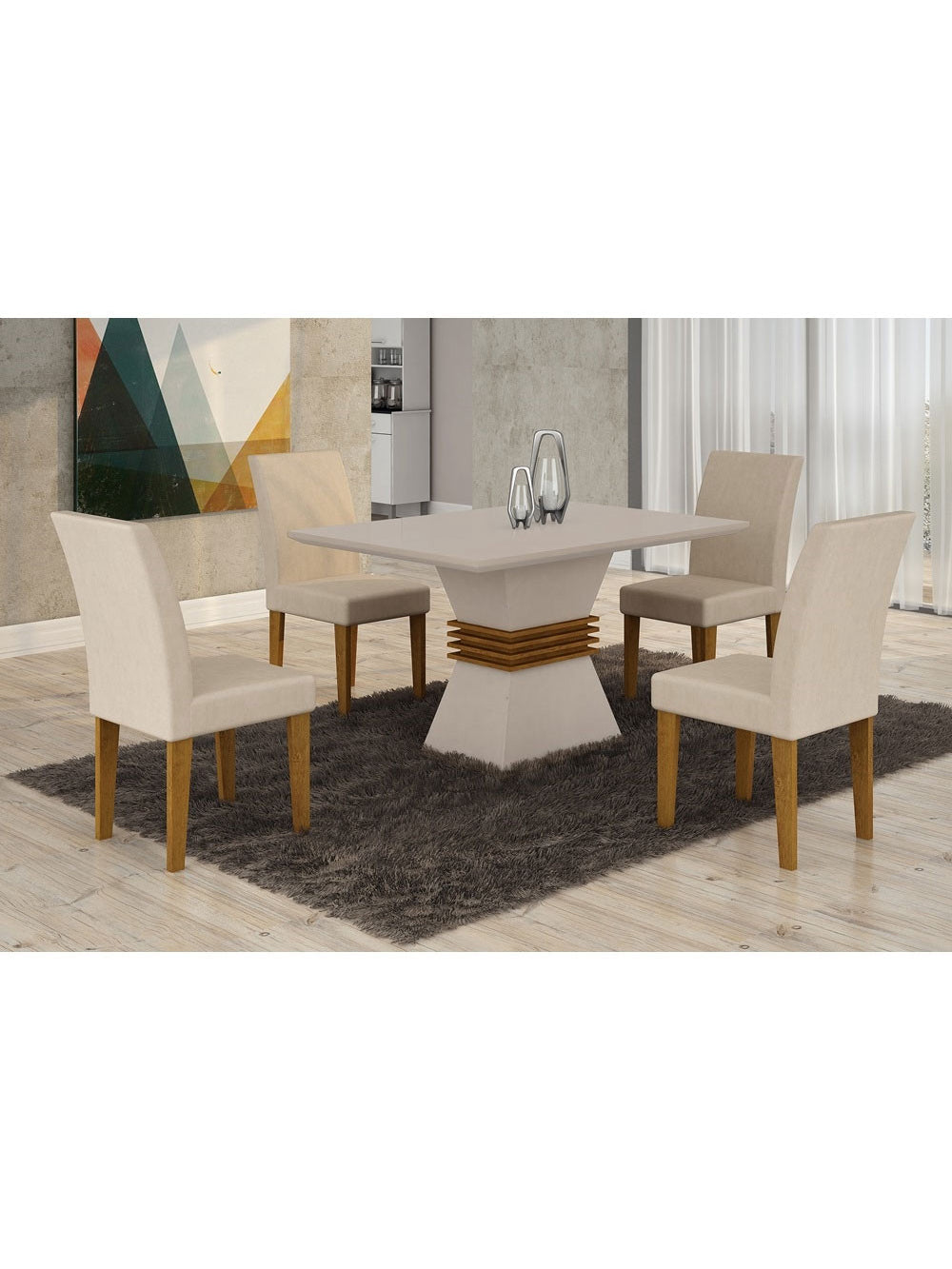 Sala de Jantar Lucy com 4 Cadeiras Grécia Rufato - Off White/Imbuia/Veludo creme
