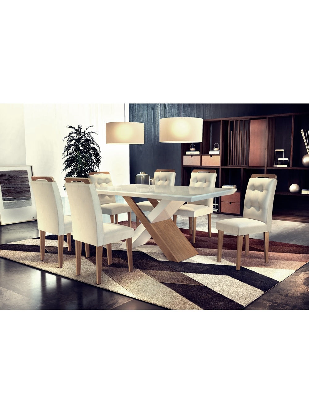 Conjunto Sala de Jantar Carol 180 MDF Vidro Com 06 Cadeiras - Veludo Creme/Off White/Imbuia/Serig. Off