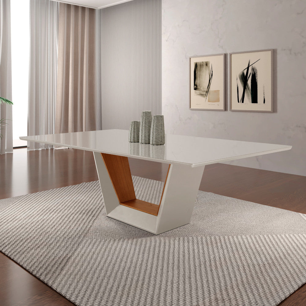 Mesa para Sala de Jantar Rubi 220cm Madeira com Vidro Moderna Mobília - Off White Imbuia/Cinamomo