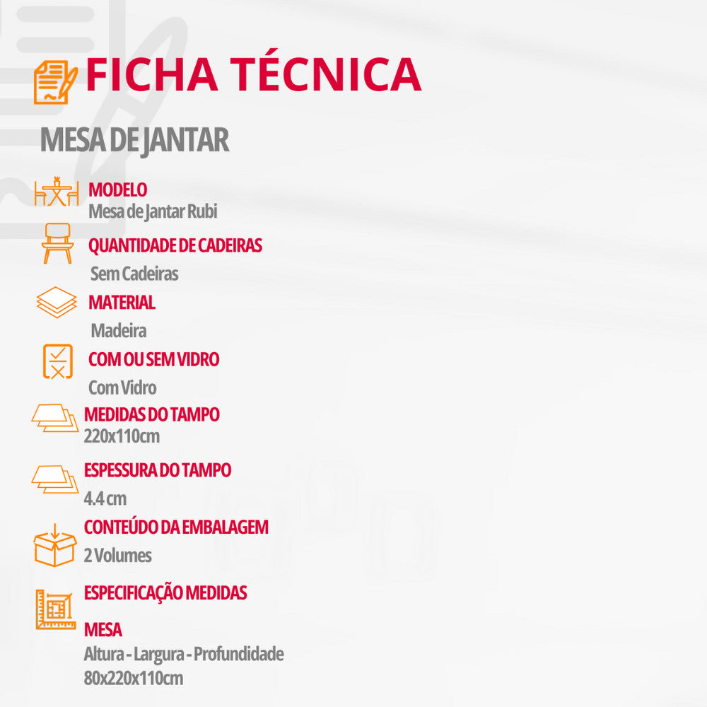 Mesa para Sala de Jantar Rubi 220cm Madeira com Vidro Moderna Mobília