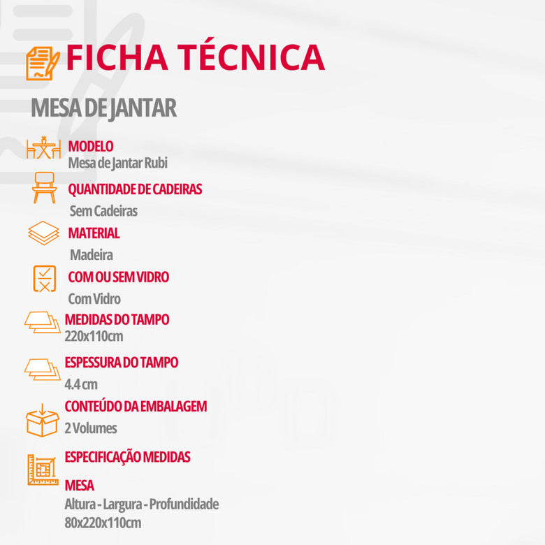 Mesa para Sala de Jantar Rubi 220cm Madeira com Vidro Moderna Mobília