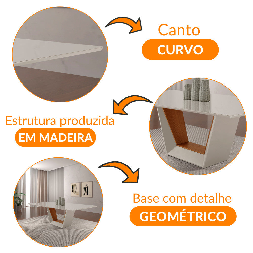 Mesa para Sala de Jantar Rubi 220cm Madeira com Vidro Moderna Mobília