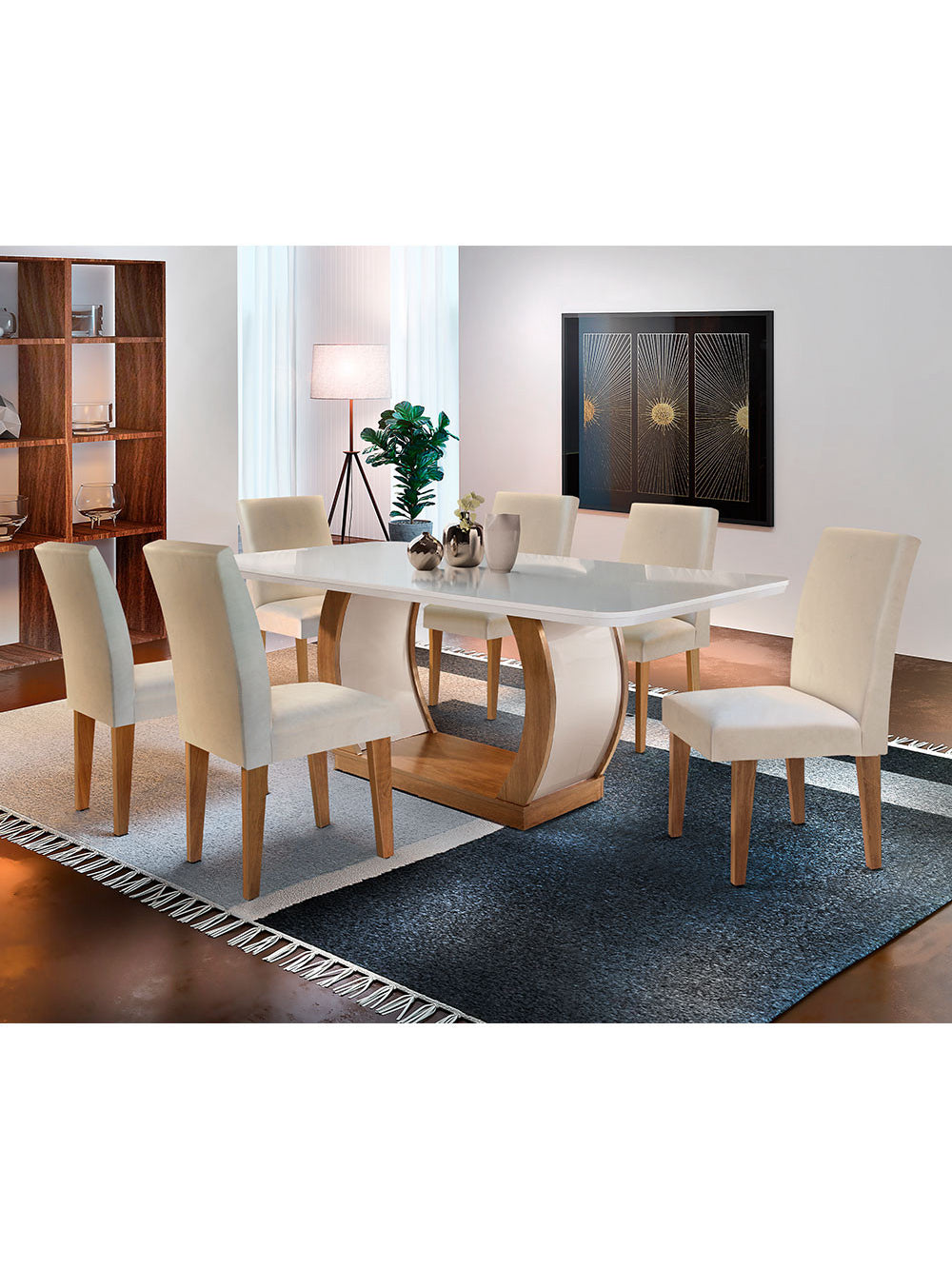 Sala de Jantar Milena 6 cadeiras Grécia Rufato - Off White/Imbuia/Off White/Animale Choco