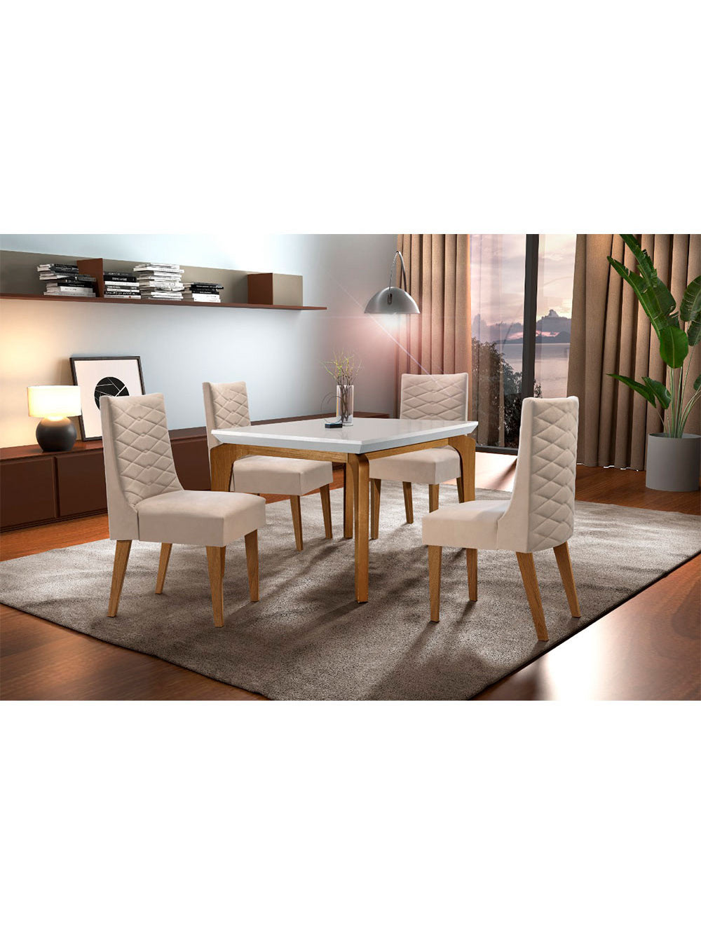 Sala De Jantar Liz 120cm MDF Canto Reto Com 4 Cadeiras Safira Rufato - Veludo Creme/Off White/Imbuia