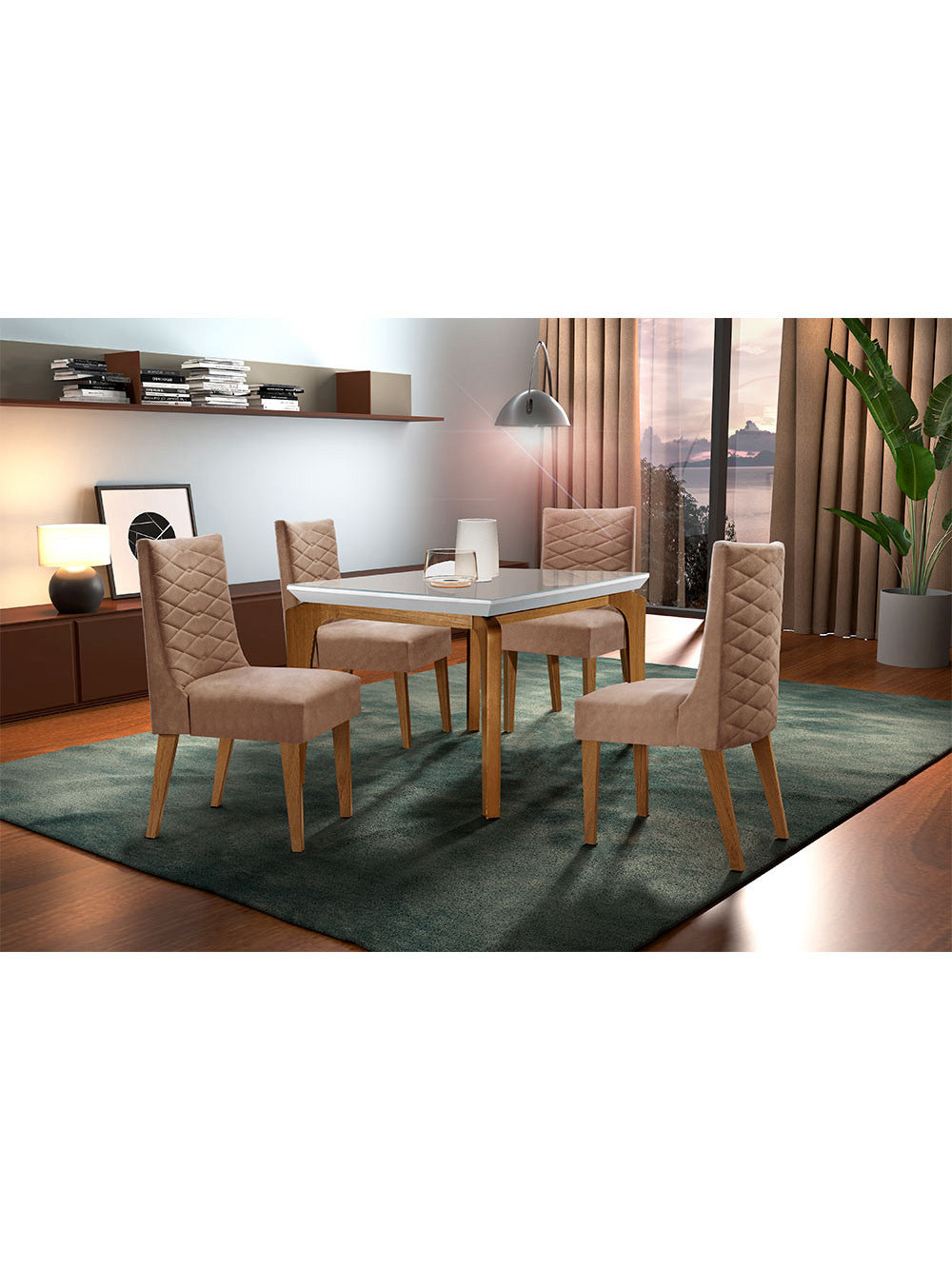 Sala De Jantar Liz 120cm MDF com Vidro 4 Cadeiras Safira Rufato - Anima. Choc./Off White /Imbuia/Serig. Of