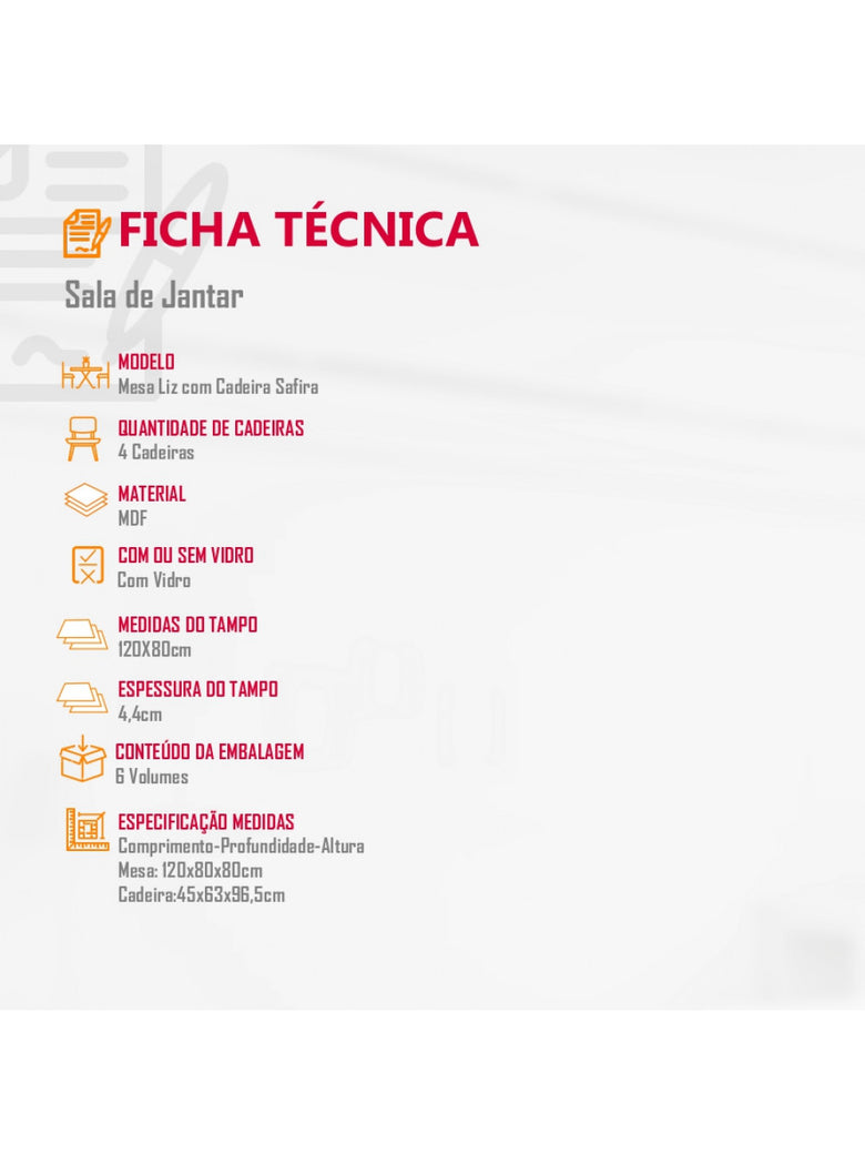 Sala De Jantar Liz 120cm MDF com Vidro 4 Cadeiras Safira Rufato